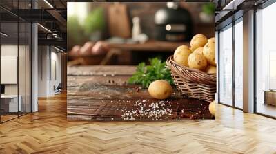 photo of a wooden basket filled with fresh potatoes on a wooden table with a kitchen and grill in the background Wall mural