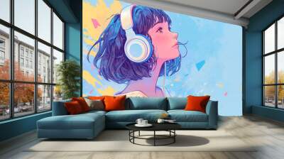 ヘッドフォンをしている女性の横顔 Wall mural