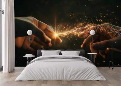 3d rendered photo of black background with two fingers touching one another creating spark made with generative AI Wall mural