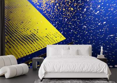 A close-up view of a contemporary graphic art piece with a yellow halftone texture on a cobalt blue canvas, illuminated by dazzling vector sparkles, capturing the essence of Pop Art. Wall mural