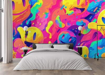 A collection of thumbs-up emojis amidst an abstract backdrop of bright, flowing shapes, conveying positivity. Wall mural