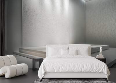 A polished white display stage set against intricately textured luxury walls, softly lit by gradient lighting. The minimalist platform and architectural design exude modern sophistication. Wall mural