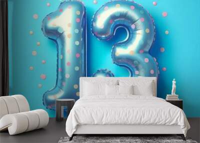 balloon in a shape of number 13 on blue background for birthday celebration Wall mural