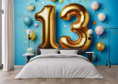 balloon in a shape of number 13 on blue background for birthday celebration Wall mural