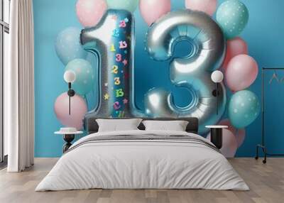 balloon in a shape of number 13 on blue background for birthday celebration Wall mural