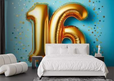 balloon in a shape of number 16 on blue background for birthday celebration Wall mural