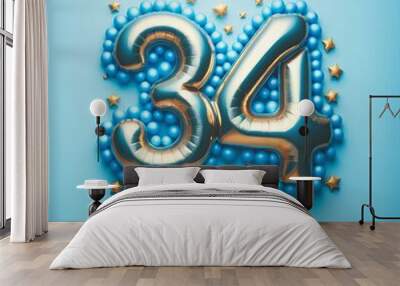 balloon in a shape of number 34 on blue background for birthday celebration Wall mural