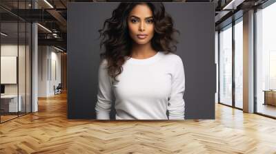 Black indian woman, long curly hair, wearing a white long-sleeved shirt Wall mural