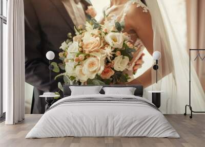 bride and groom with bouquet Wall mural