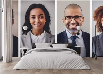 Collage of portraits of an ethnically diverse, Four individuals in business attire, their identities obscured, standing in a row against a gradient gray background Wall mural