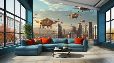 Futuristic city with emojis as drones, hovering in the skyline. Wall mural