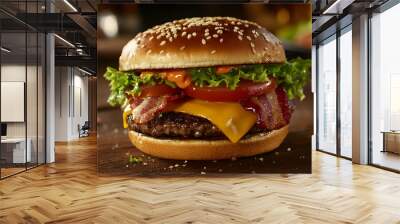 hamburger on a wooden table Wall mural