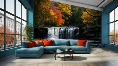 waterfall in autumn forest Wall mural