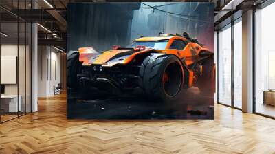 futuristic fast sports car on road in dark rainy city Generative ai wallpaper Wall mural