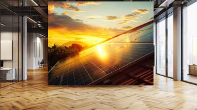 Panel solar energy photovoltaic power roof sun home cell system green house eco industry. Solar energy building panel future electric engineer technology ecology sunset nature station sky light work Wall mural