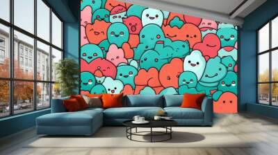 A cheerful pattern of cute cartoon characters in red, blue and pink colors. Wall mural