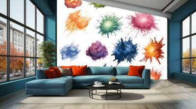 A collection of 15 abstract watercolor splatter paint illustrations in various colors. Wall mural