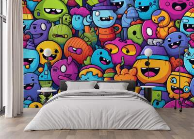 A colorful, cartoon-style pattern with a variety of fun and quirky characters, perfect for a background or pattern. Wall mural