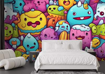 A colorful and fun pattern with cute cartoon monsters in different shapes and colors. Wall mural