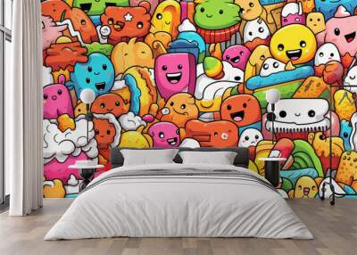 A colorful and playful pattern of cute cartoon characters with cheerful expressions. Wall mural