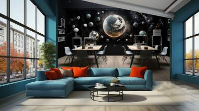 A dining room with a galaxy mural featuring planets and stars, two wooden tables with black metal legs, and four grey chairs. Wall mural