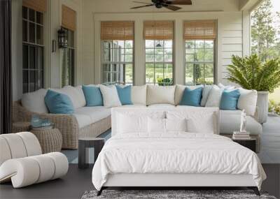 A large sectional sofa with white cushions and blue throw pillows sits on a porch with a wicker coffee table, two wicker end tables, and a blue rug. Wall mural