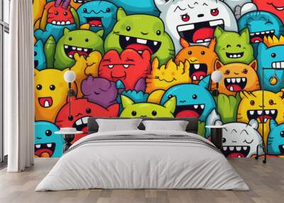 A seamless pattern featuring a playful collection of colorful cartoon monsters with different expressions and shapes. Wall mural