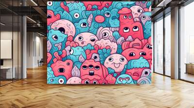 A seamless pattern featuring colorful cartoon monsters with various expressions, forming a chaotic and fun background. Wall mural