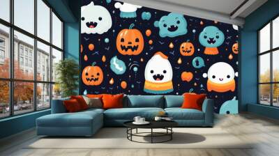 A seamless pattern featuring cute cartoon ghosts, pumpkins, and bats on a dark blue background. Wall mural