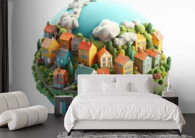 A small, colorful town on a blue and green planet, surrounded by fluffy clouds. Wall mural