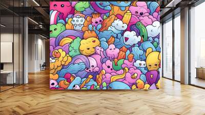 A vibrant and colorful background with a playful and whimsical pattern of cartoon-like characters and shapes. Wall mural