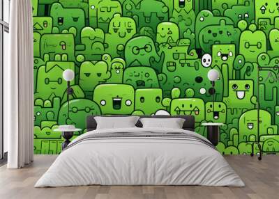 A vibrant and playful illustration featuring a large group of green cartoon characters in various shapes and sizes, all with happy and expressive faces. Wall mural