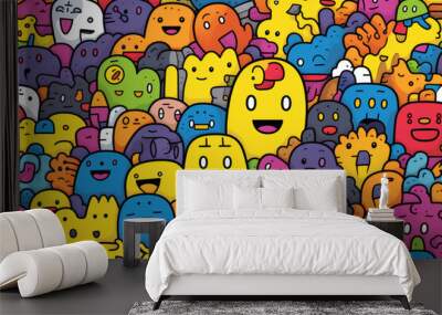 A vibrant seamless pattern with cute, colorful, cartoon-like creatures of different shapes and sizes. Wall mural