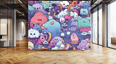 A whimsical pattern of colorful, happy characters and shapes, with a blue and purple color scheme. Wall mural