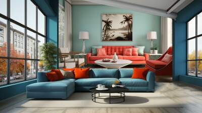 Modern living room interior with red sofa and armchairs, white coffee table,  two lamps and  a framed print of a palm tree beach scene. Wall mural