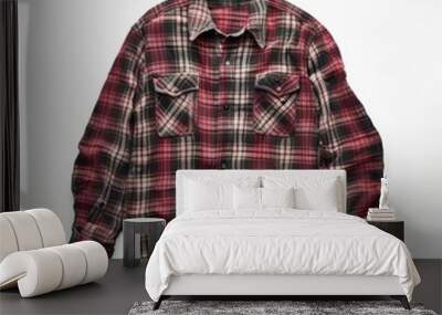 Red and black plaid flannel shirt with long sleeves and two chest pockets, laid flat on a white background. Wall mural