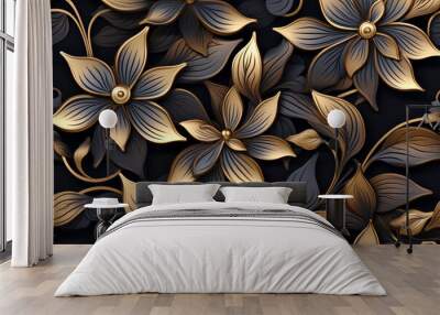 Seamless pattern of gold and black 3D flowers on a black background. Wall mural