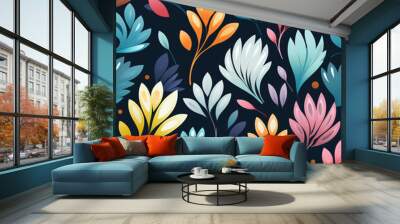 Seamless pattern with colorful stylized leaves on a dark blue background. Wall mural