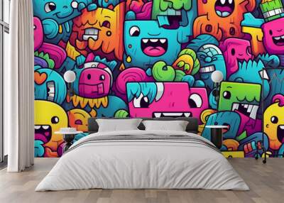 Seamless pattern with cool colors and funny doodles, high-quality and ready for print Wall mural