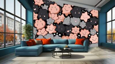 Seamless pattern with cute clouds and stars in black, pink and gray colors. Wall mural