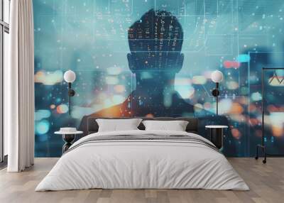 Silhouetted man in front of a blurred city and binary code background. Wall mural