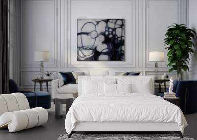 White living room with white sofa, blue armchairs, and abstract artwork. Wall mural