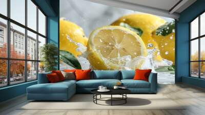 Lemon fruit slice, leaves and water wave, on white background Wall mural