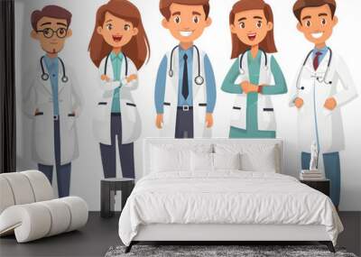 Smiling group of doctors style cartoon characters isolated. Multinational medicine workers collective, diverse medical team, Wall mural