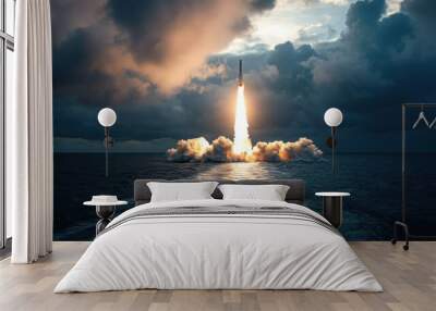 A rocket is launching into the sky, leaving a trail of smoke behind it Wall mural