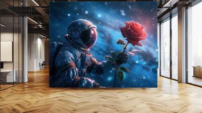 Astronaut Holding a Rose in Space Wall mural