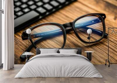 Blue Light Glasses on a Wooden Desk Wall mural