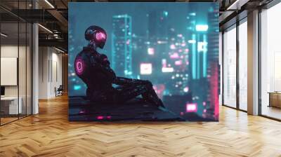 Cyberpunk Cityscape: A Solitary Robot Contemplates the Urban Glow Wall mural