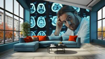 Doctor looking thoughtful in front of X-ray images of brains Wall mural