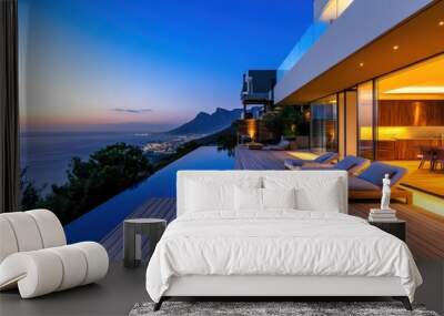 Modern Villa with Infinity Pool Overlooking Ocean and Mountain Wall mural